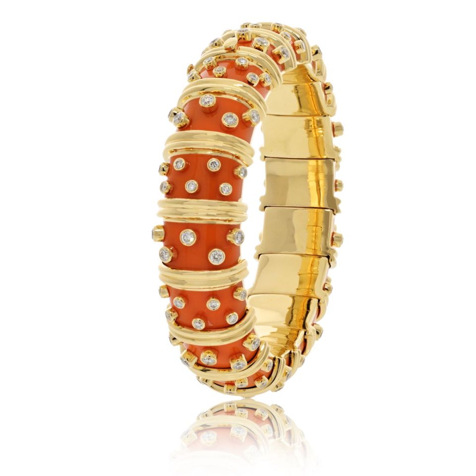 Tiffany Platinum 18K Gold Orange Enamel Diamond Bracelet 123.4g