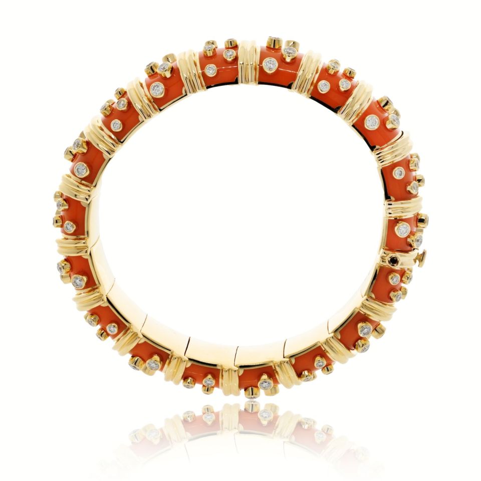 Tiffany Platinum 18K Gold Orange Enamel Diamond Bracelet 123.4g