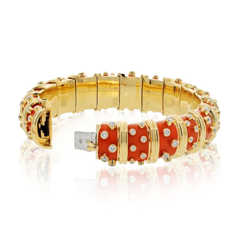 Tiffany Platinum 18K Gold Orange Enamel Diamond Bracelet 123.4g