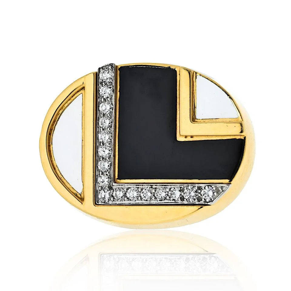 David Webb 18K Yellow Gold Black And White Enamel Diamond Ring — view 2 — Laura Milman New York