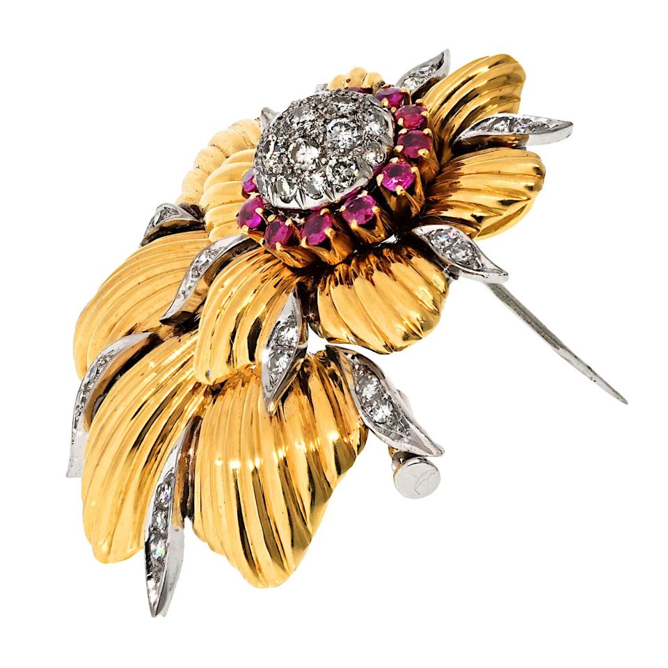 Tiffany Schlumberger 18K Gold Platinum Ruby Diamond Flower Brooch