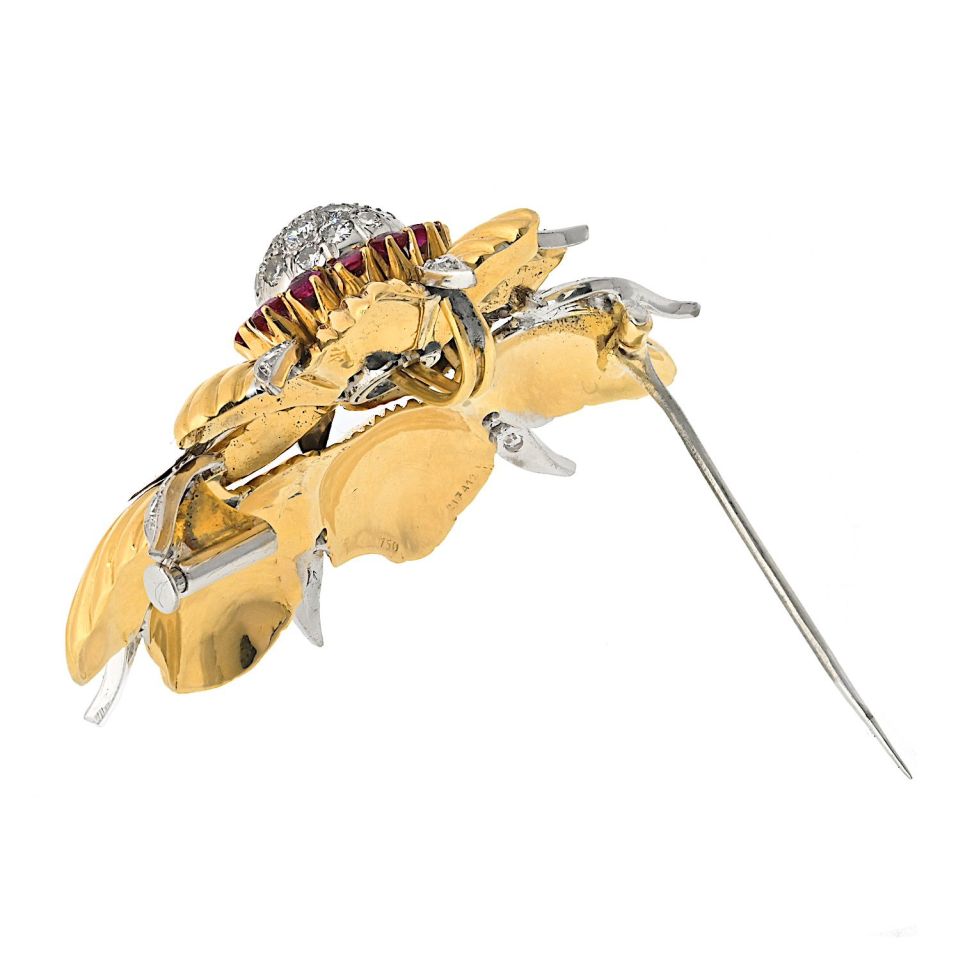 Tiffany Schlumberger 18K Gold Platinum Ruby Diamond Flower Brooch