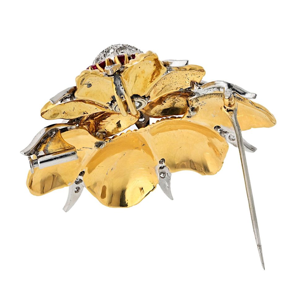 Tiffany Schlumberger 18K Gold Platinum Ruby Diamond Flower Brooch