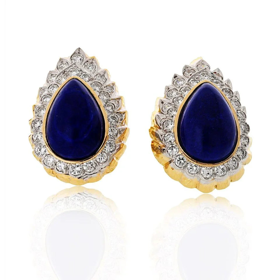 David Webb Platinum & 18K Yellow Gold Cabochon Pear Shaped Lapis And Diamond Clip Earrings — Laura Milman New York