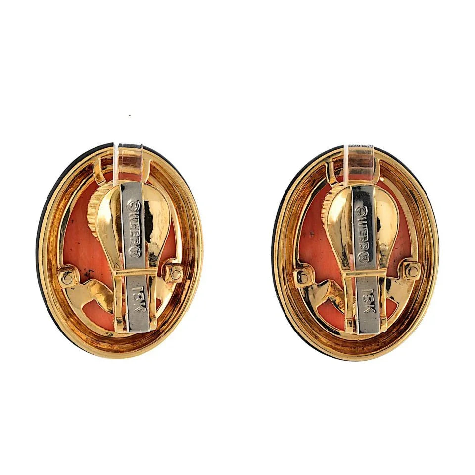 David Webb Platinum & 18K Yellow Gold Coral Carved Black Enamel Oval Clip Earrings — view 4 — Laura Milman New York