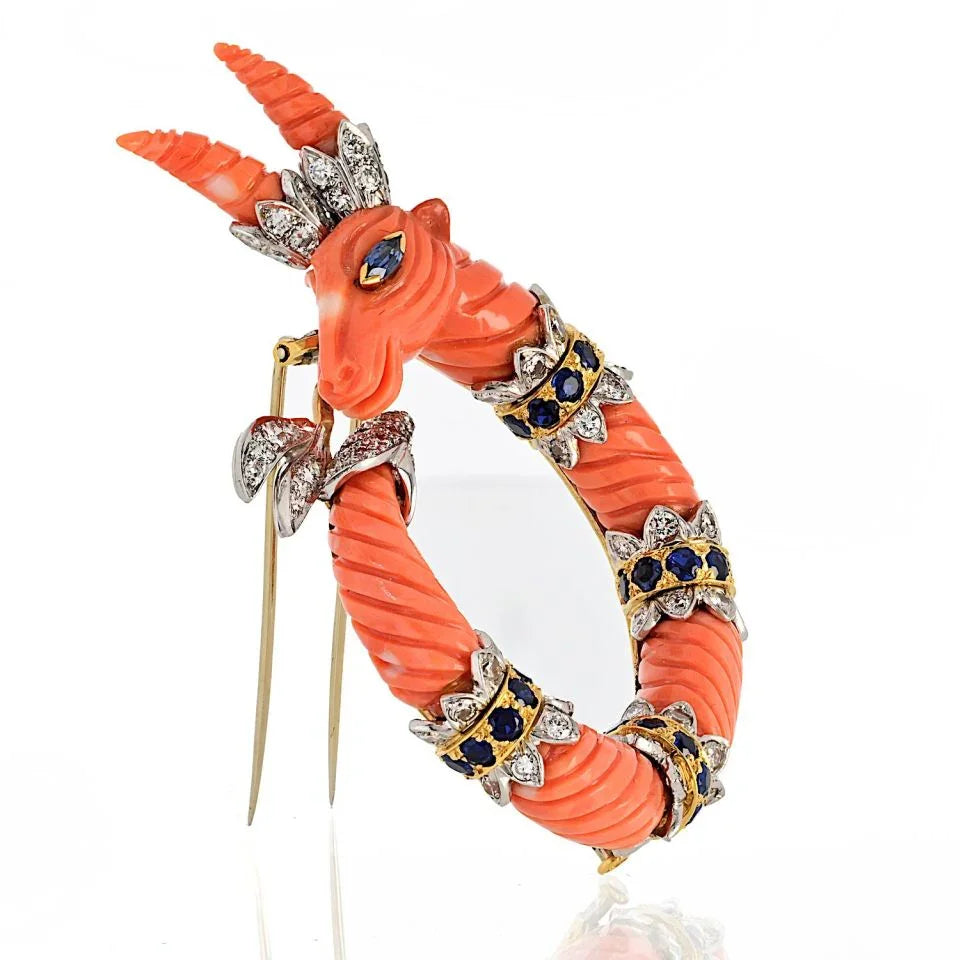 David Webb Platinum & 18K Yellow Gold Carved Coral Mountain Goat Capricorn Brooch — view 2 — Laura Milman New York