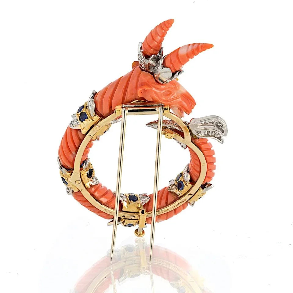 David Webb Platinum & 18K Yellow Gold Carved Coral Mountain Goat Capricorn Brooch — view 4 — Laura Milman New York