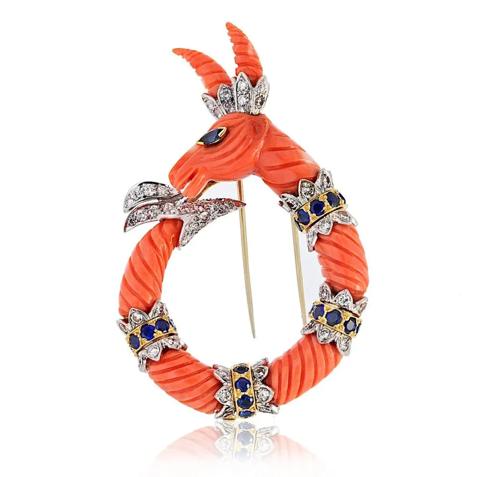 David Webb Platinum & 18K Yellow Gold Carved Coral Mountain Goat Capricorn Brooch — Laura Milman New York