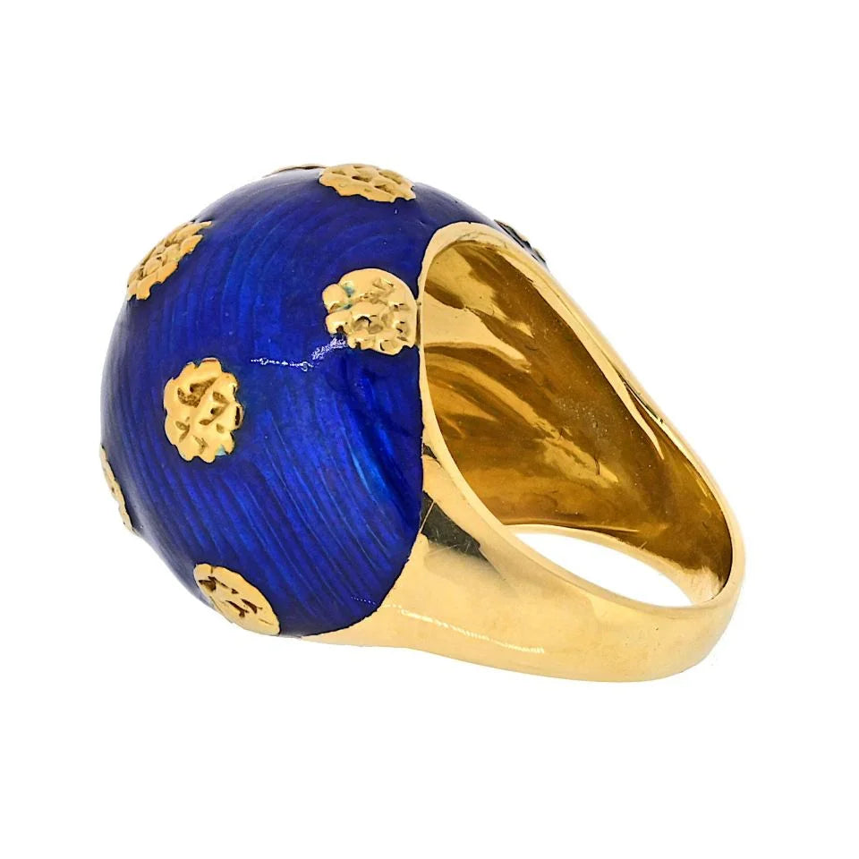 Van Cleef & Arpels 18K Yellow Gold 1970's Blue Enamel Ring And Earrings Jewelry Set — view 3 — Laura Milman New York