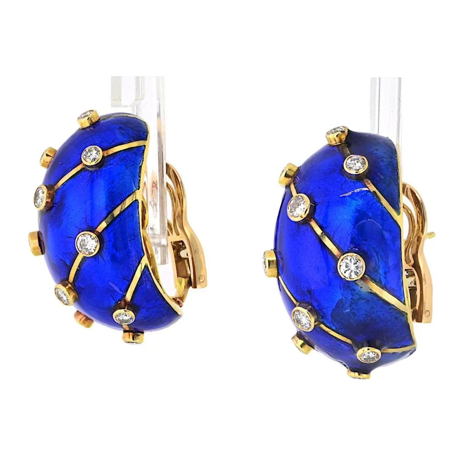 Tiffany & Co. Schlumberger Platinum & 18K Yellow Gold Blue Enamel And Diamond Earrings — view 2 — Laura Milman New York