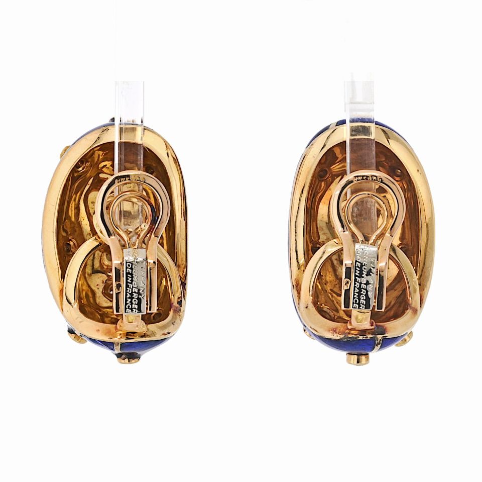 Tiffany Schlumberger 18K Gold Platinum Blue Enamel Diamond Earrings
