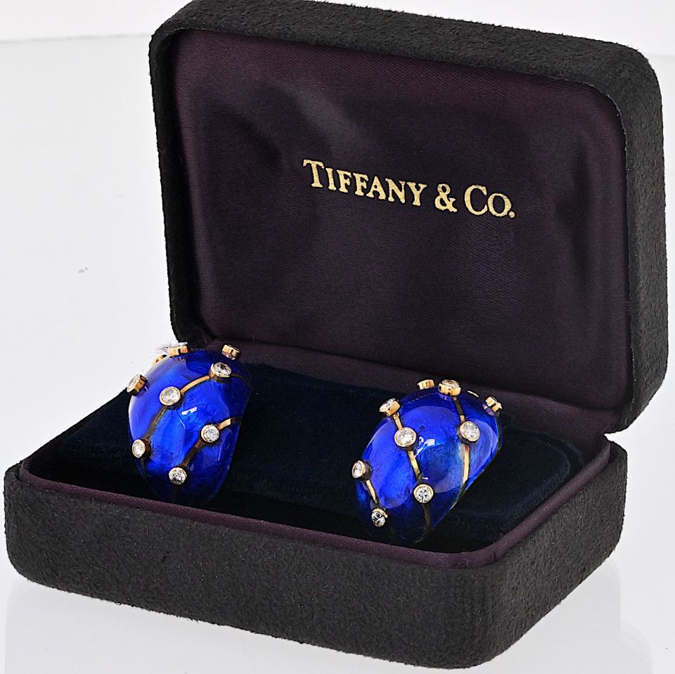 Tiffany Schlumberger 18K Gold Platinum Blue Enamel Diamond Earrings