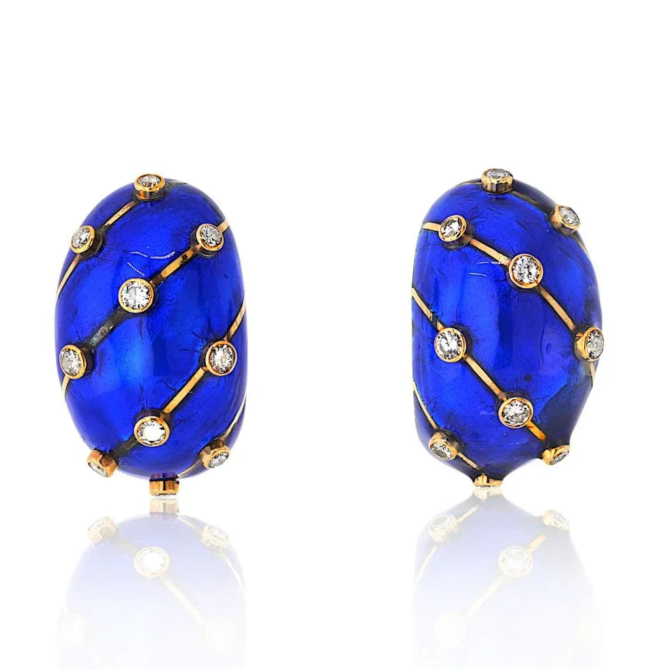 Tiffany & Co. Schlumberger Platinum & 18K Yellow Gold Blue Enamel And Diamond Earrings — Laura Milman New York