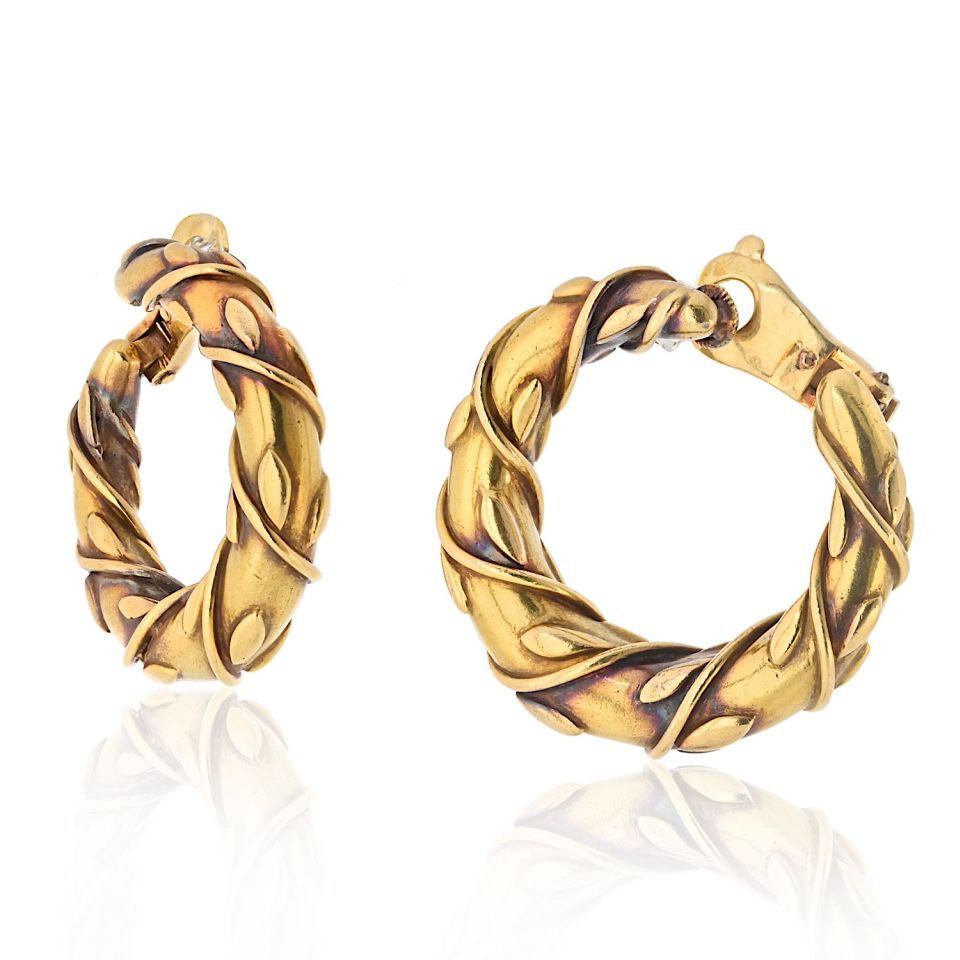 Vintage Cartier 18K Yellow Gold Vine Front-Facing Hoop Earrings, 33mm Width