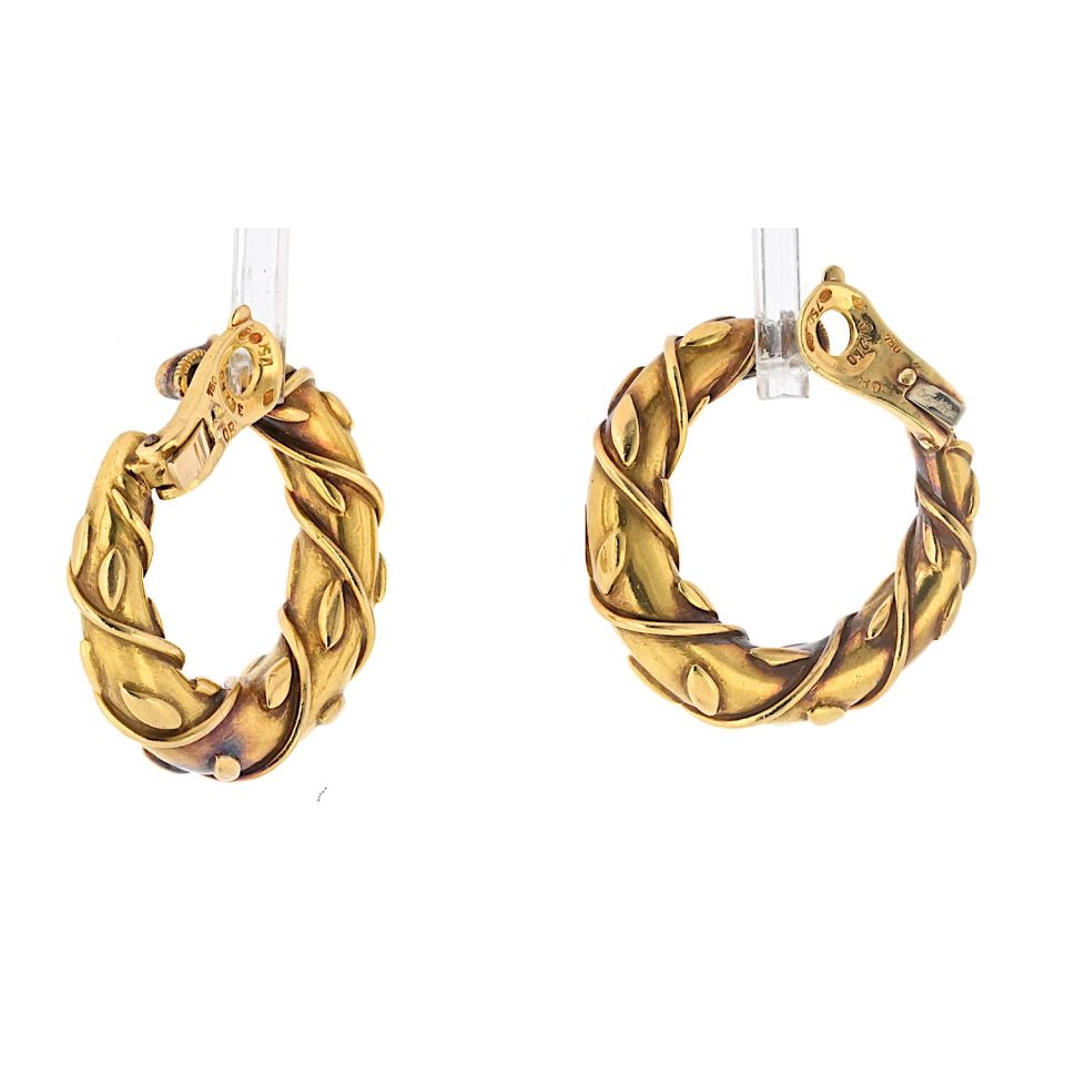 Vintage Cartier 18K Yellow Gold Vine Front-Facing Hoop Earrings, 33mm Width
