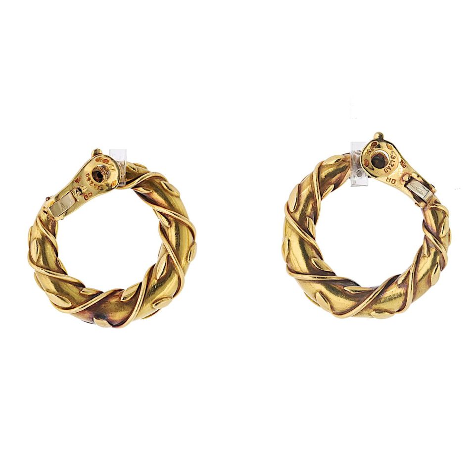 Vintage Cartier 18K Yellow Gold Vine Front-Facing Hoop Earrings, 33mm Width
