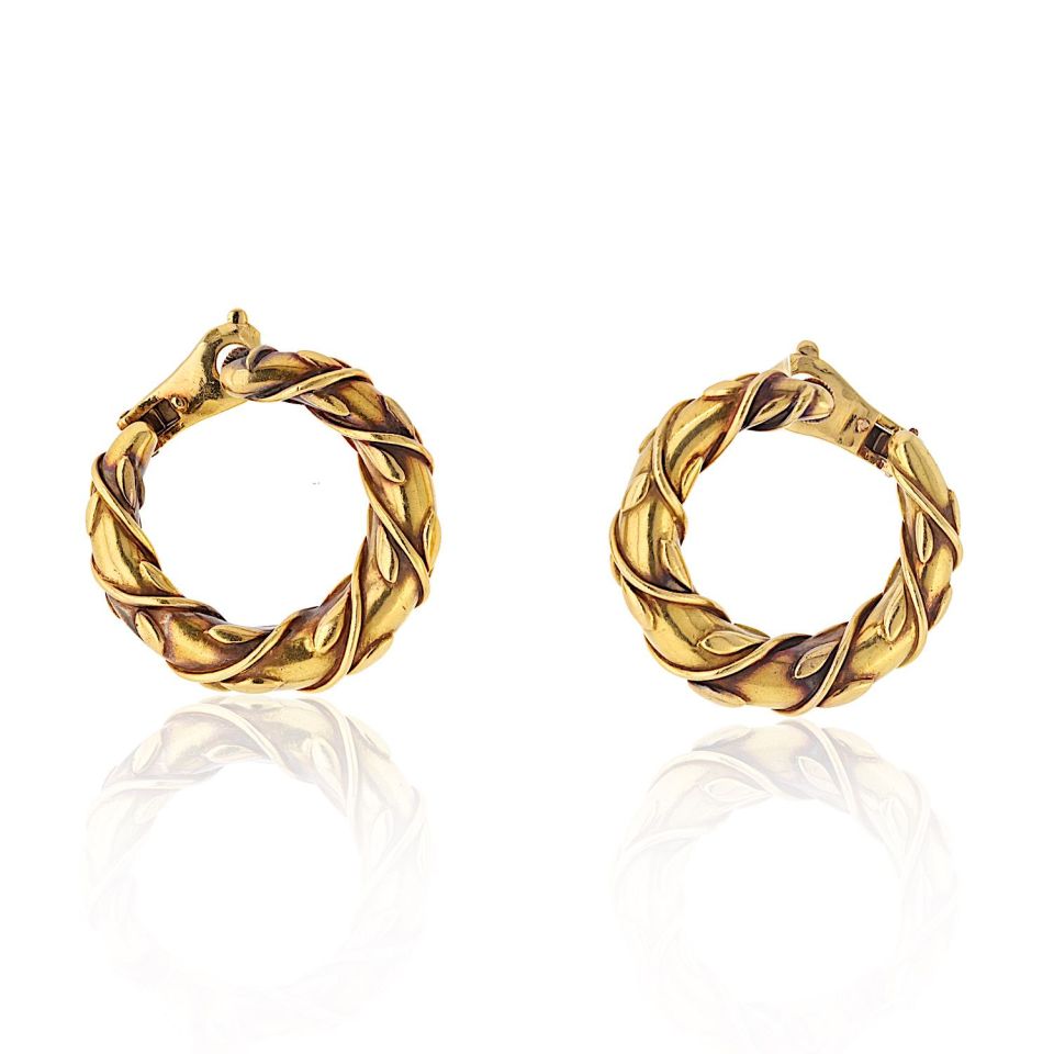 Vintage Cartier 18K Yellow Gold Vine Front-Facing Hoop Earrings, 33mm Width