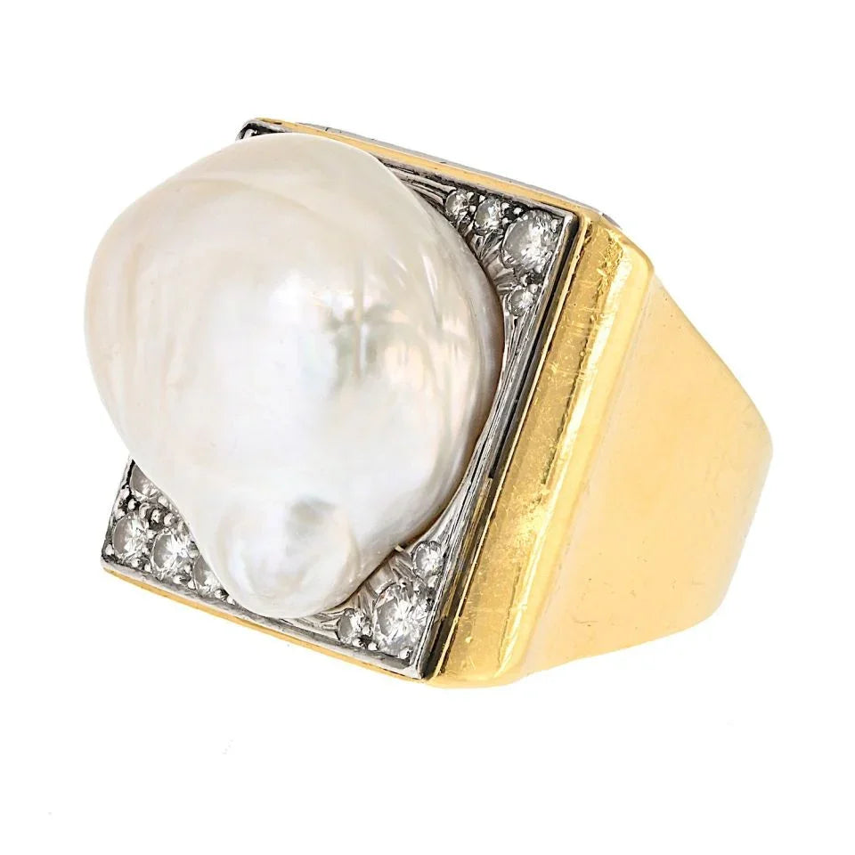 David Webb Platinum & 18K Yellow Gold Baroque Pearl Diamond Ring — view 2 — Laura Milman New York