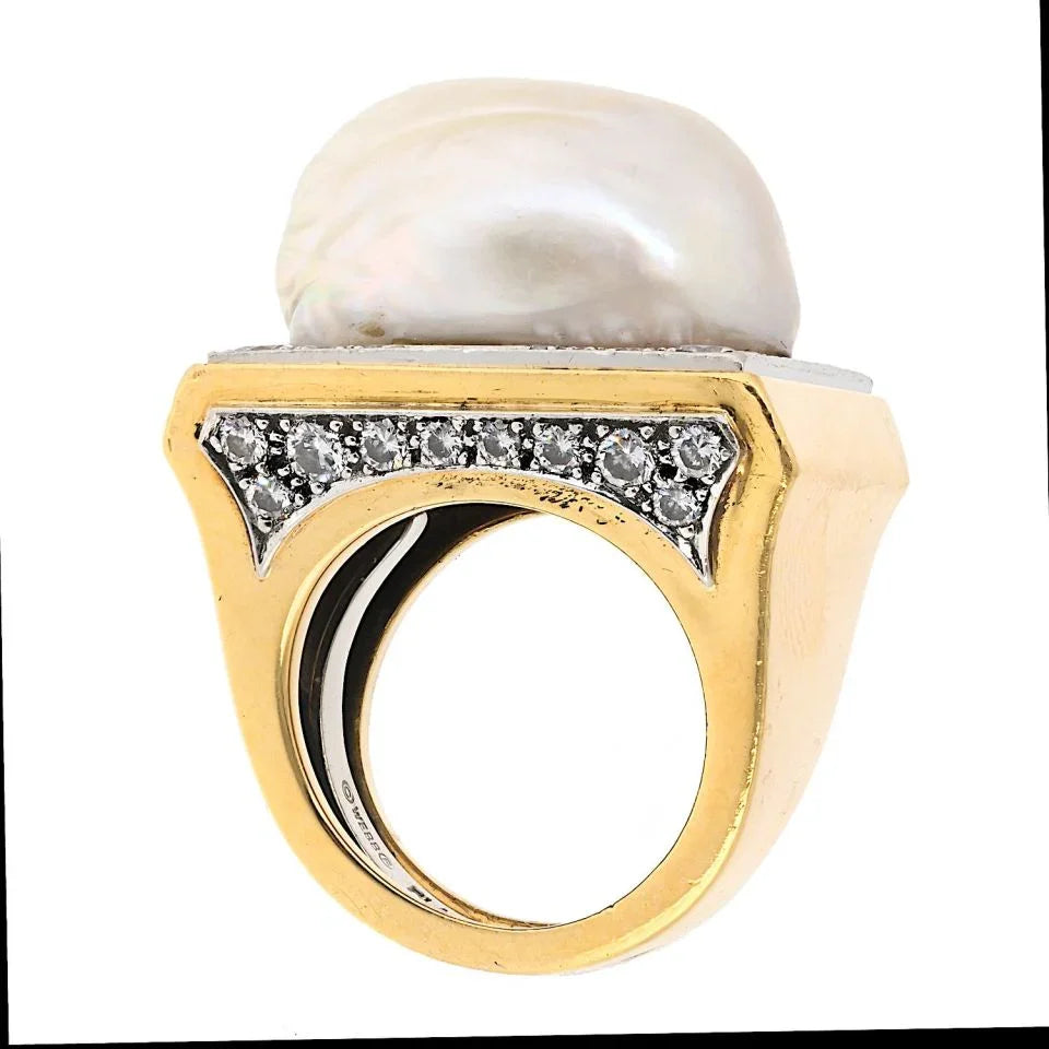 David Webb Platinum & 18K Yellow Gold Baroque Pearl Diamond Ring — view 3 — Laura Milman New York