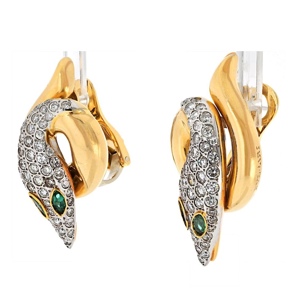 Vintage Bvlgari Serpenti 18K Rose Gold Diamond Emerald Earrings