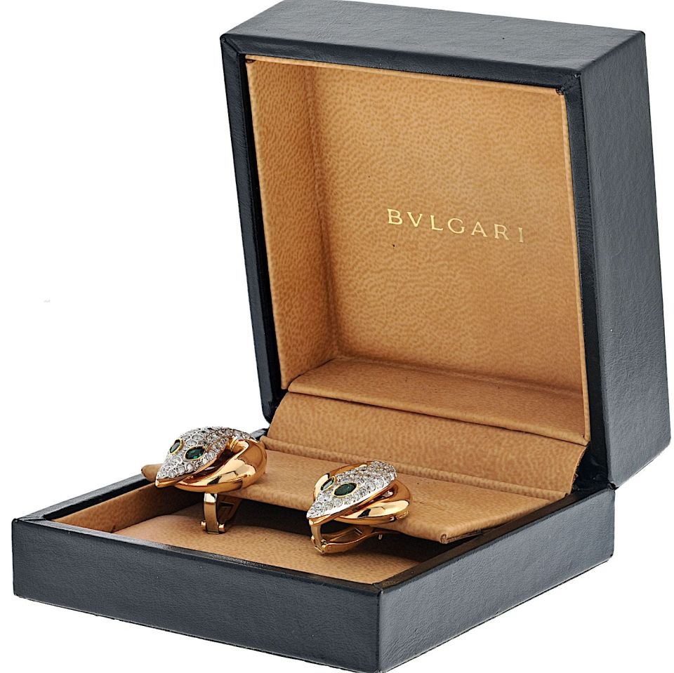 Vintage Bvlgari Serpenti 18K Rose Gold Diamond Emerald Earrings