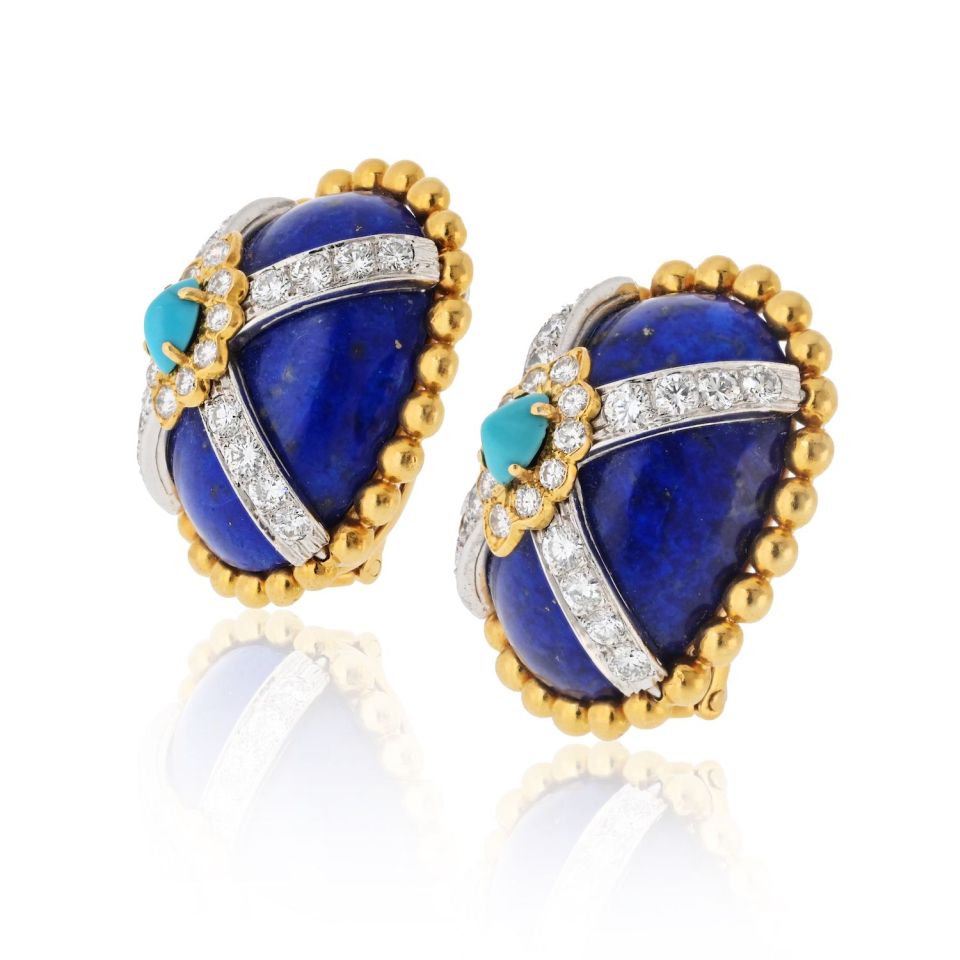 David Webb Platinum & 18K Yellow Gold Turquoise Lapis And Diamond Clip On Earrings — view 2 — Laura Milman New York