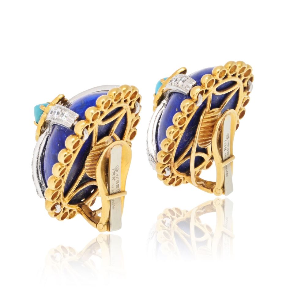 David Webb Platinum & 18K Yellow Gold Turquoise Lapis And Diamond Clip On Earrings — view 3 — Laura Milman New York