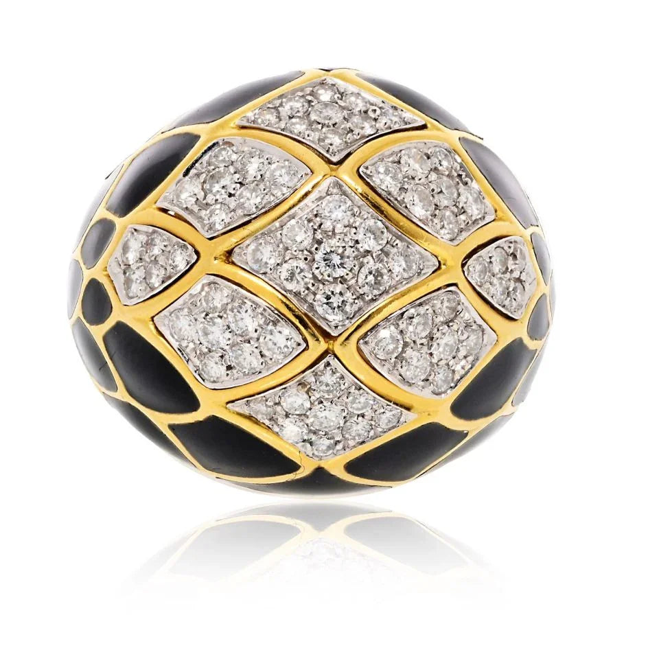 David Webb Platinum & 18K Yellow Gold Pave Set Diamonds And Black Enamel Ring — Laura Milman New York