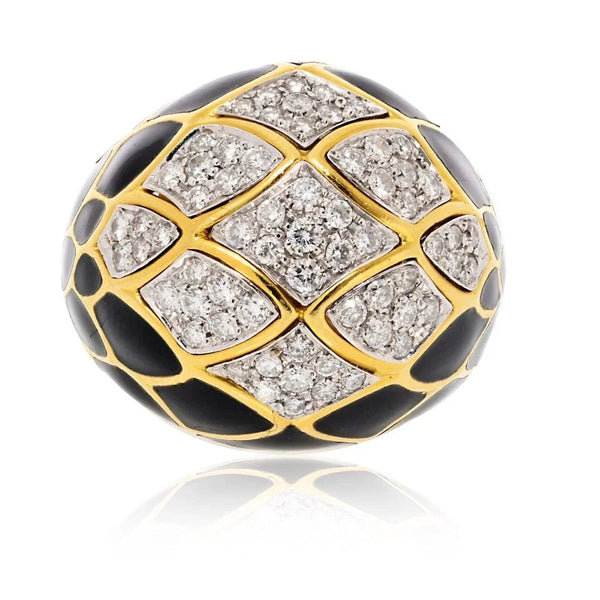 David Webb Platinum & 18K Yellow Gold Pave Set Diamonds And Black Enamel Ring