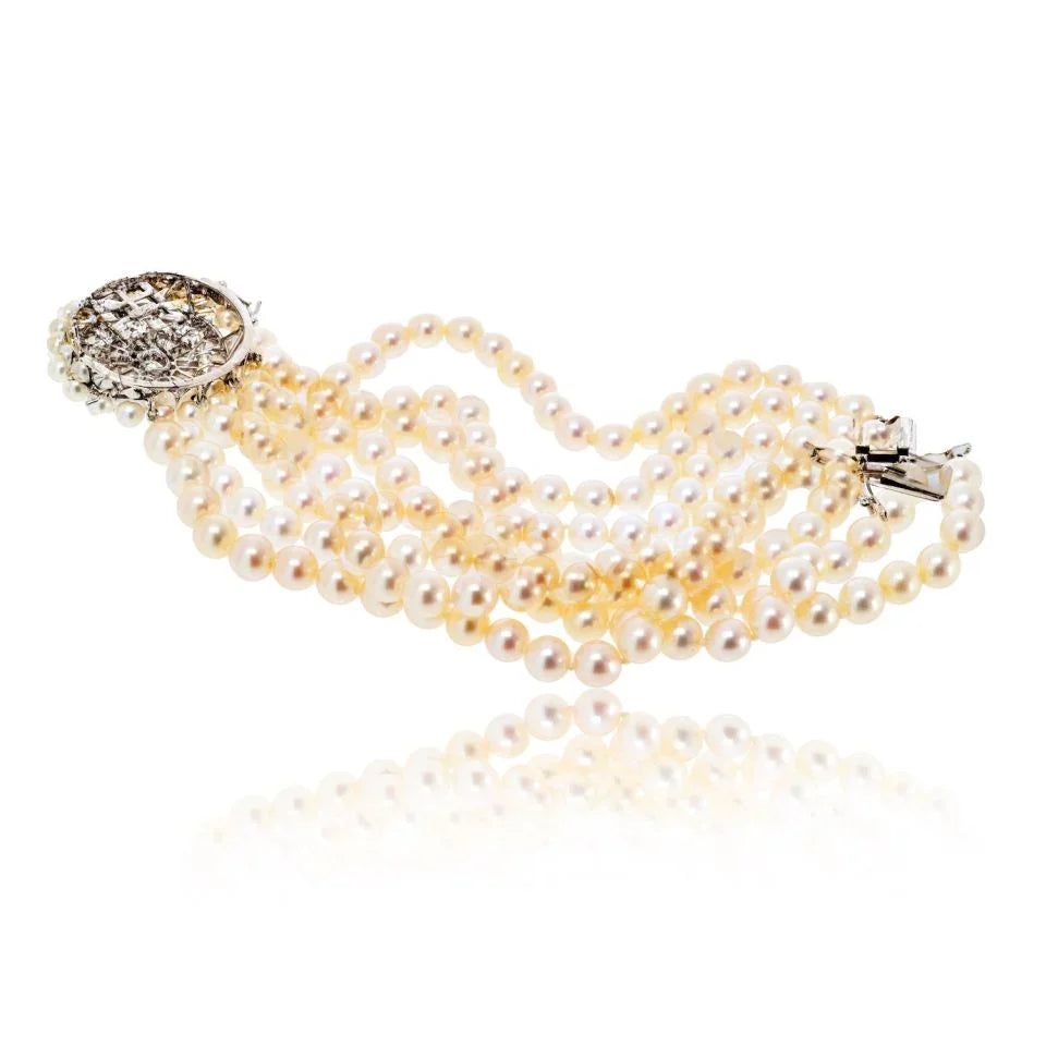 David Webb Platinum 1960's Pearl Multi-String Diamond Clasp Bracelet — view 3 — Laura Milman New York
