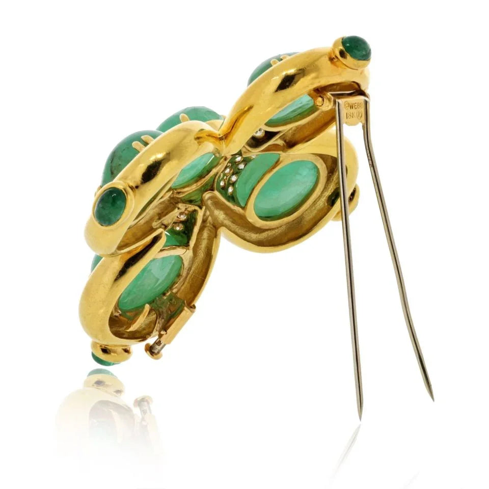 David Webb 18K Yellow Gold Cabochon Cut Green Emerald And Diamond Heraldic Brooch — view 3 — Laura Milman New York