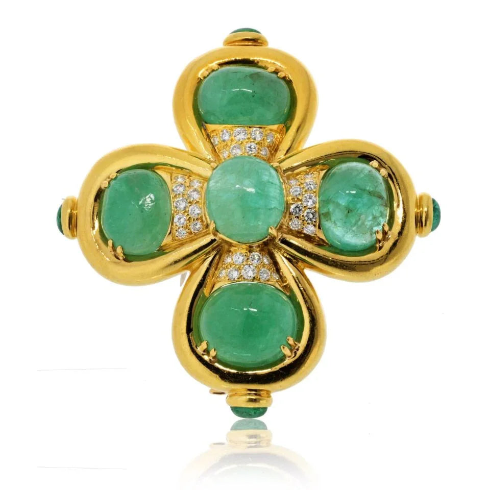 David Webb 18K Yellow Gold Cabochon Cut Green Emerald And Diamond Heraldic Brooch — Laura Milman New York