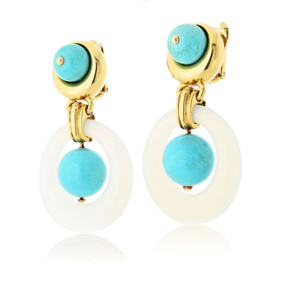 David Webb 18K Yellow Gold Jade And Turquoise Door Knocker Earrings — view 2 — Laura Milman New York