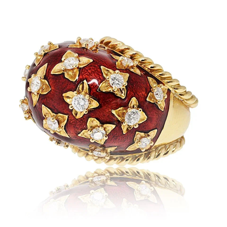 David Webb Platinum & 18K Yellow Gold Red Enamel Diamond Dome Ring — view 2 — Laura Milman New York