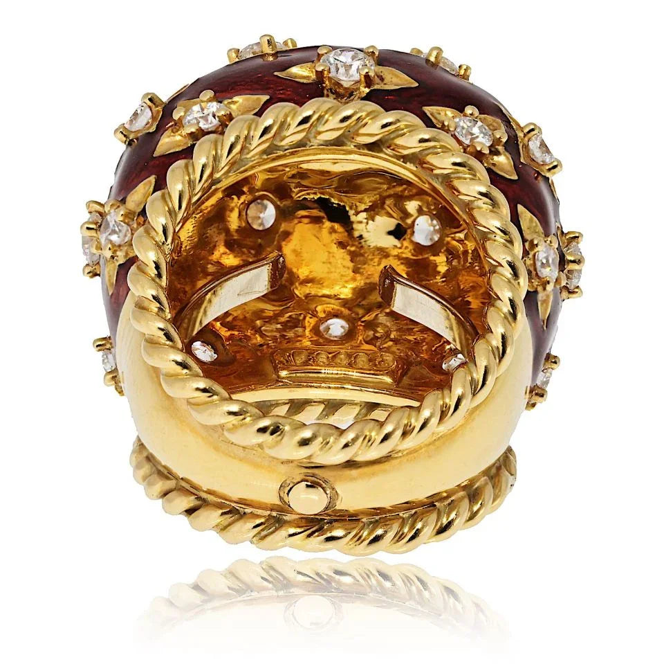 David Webb Platinum & 18K Yellow Gold Red Enamel Diamond Dome Ring — view 4 — Laura Milman New York
