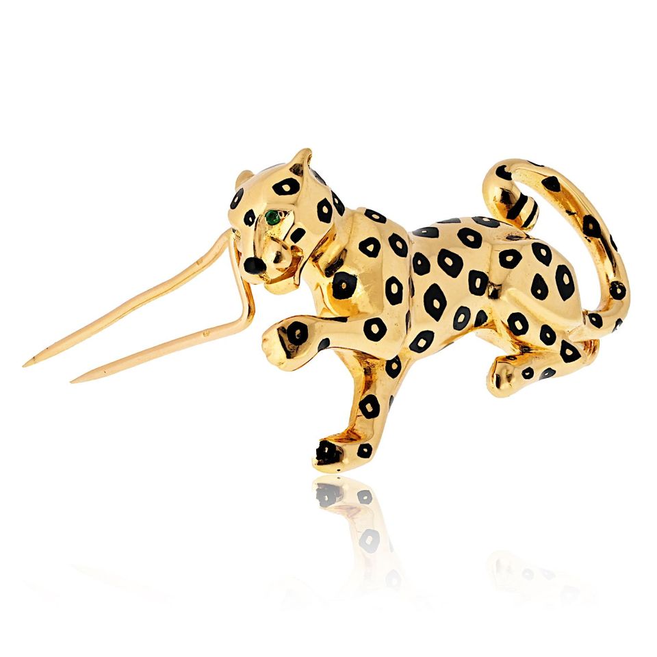 Cartier 18K Yellow Gold Panthere Brooch with Onyx and Tsavorite