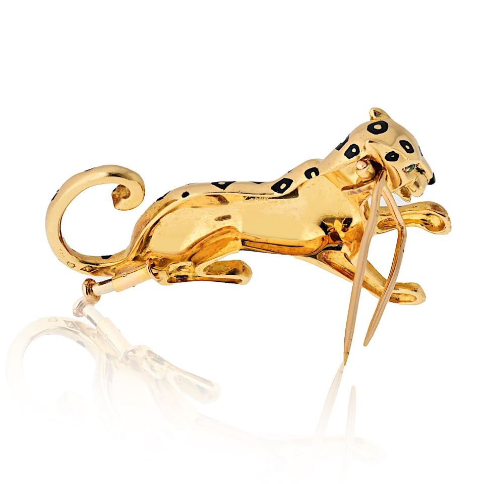 Cartier 18K Yellow Gold Panthere Brooch with Onyx and Tsavorite
