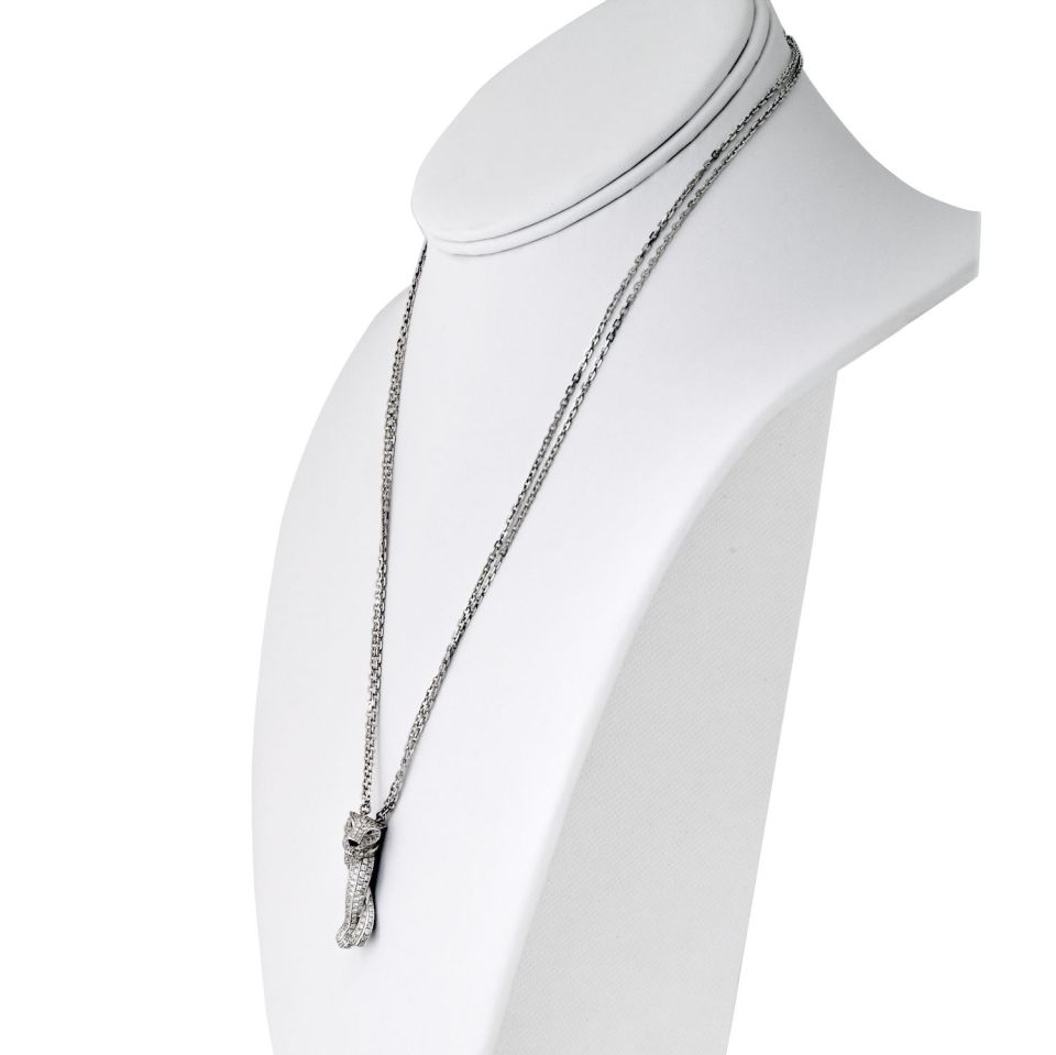 Cartier Panthere Necklace in 18K White Gold with Diamonds, Onyx, and Emeralds