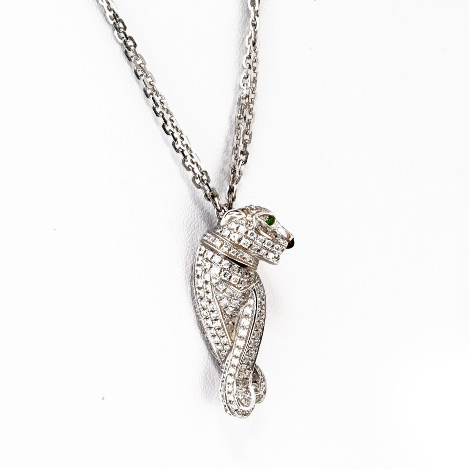 Cartier Panthere Necklace in 18K White Gold with Diamonds, Onyx, and Emeralds