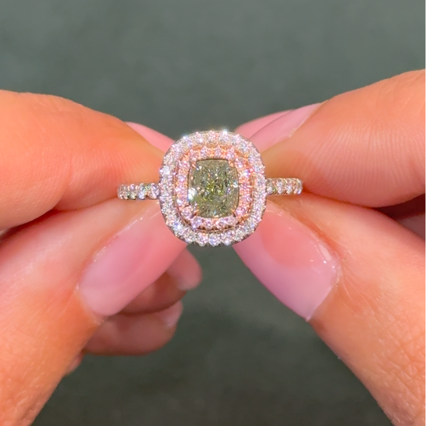 1.03ct Fancy Grayish Yellowish Green Cushion Diamond Double Halo Ring SI1 GIA — view 2 — Laura Milman New York