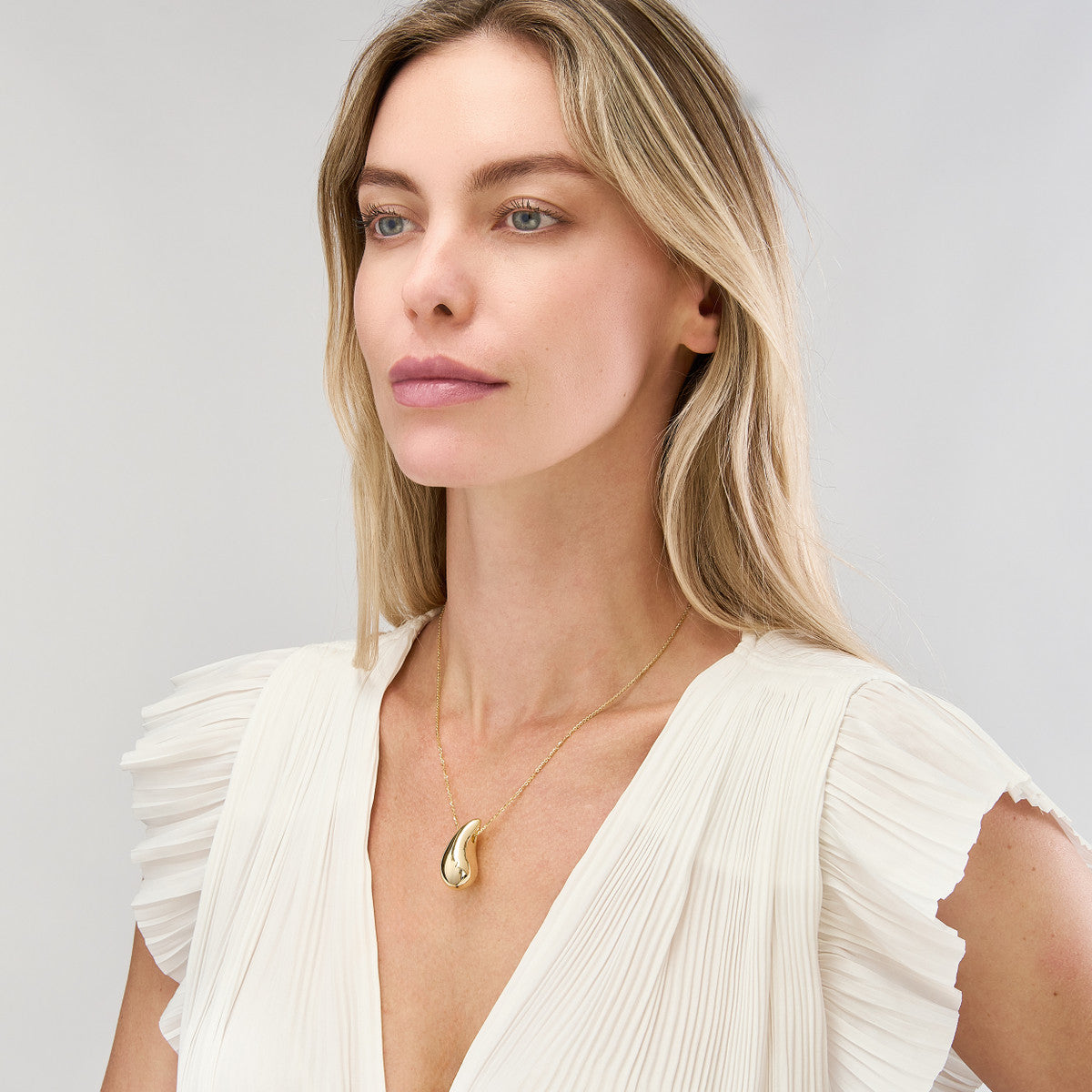 14K Gold Necklace Puff Art Teardrop Dome Necklace