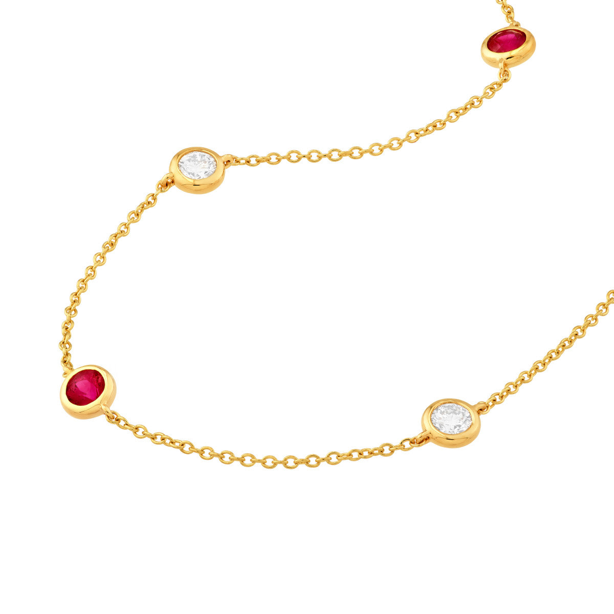 14K Gold Diamond Layered Adjustable Necklace 3/8tcw Diamond & Ruby Bezel Station