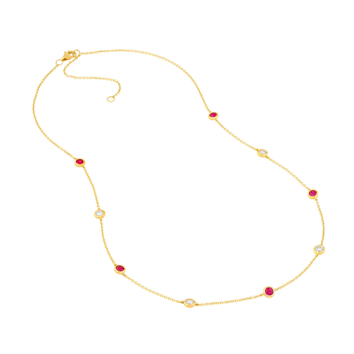 14K Gold Diamond Layered Adjustable Necklace 3/8tcw Diamond & Ruby Bezel Station