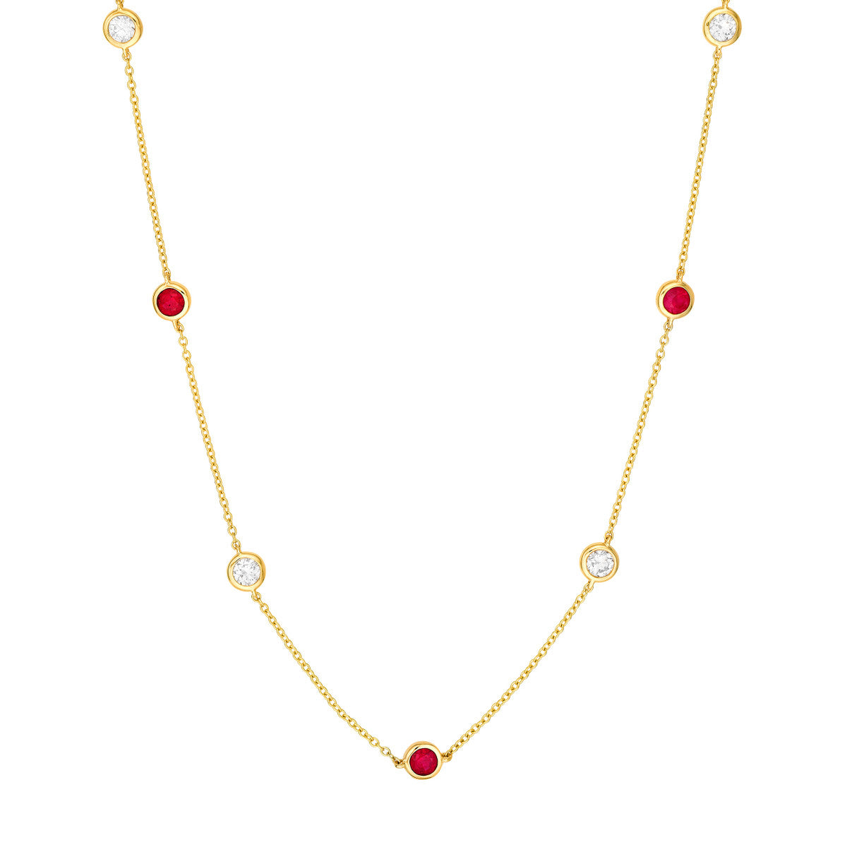 14K Gold Diamond Layered Adjustable Necklace 3/8tcw Diamond & Ruby Bezel Station — Laura Milman New York