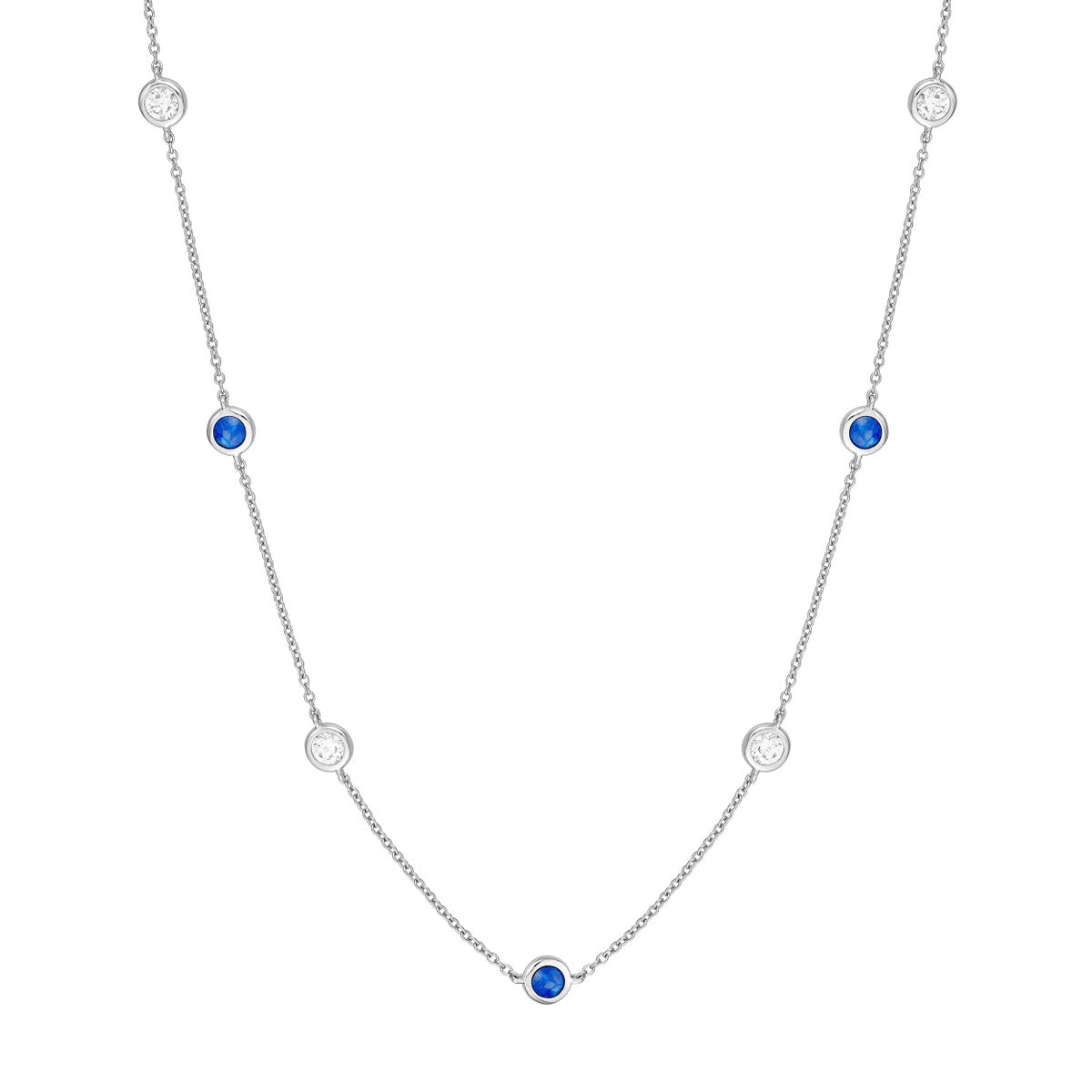 14K Gold Diamond Layered Necklace 3/8tcw Diamond & Sapphire Bezel Station Ne