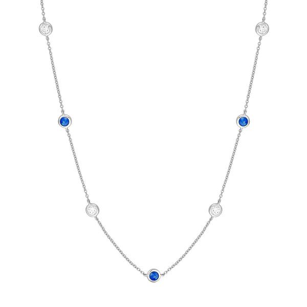14K Gold Diamond Layered Necklace 3/8tcw Diamond & Sapphire Bezel Station Ne
