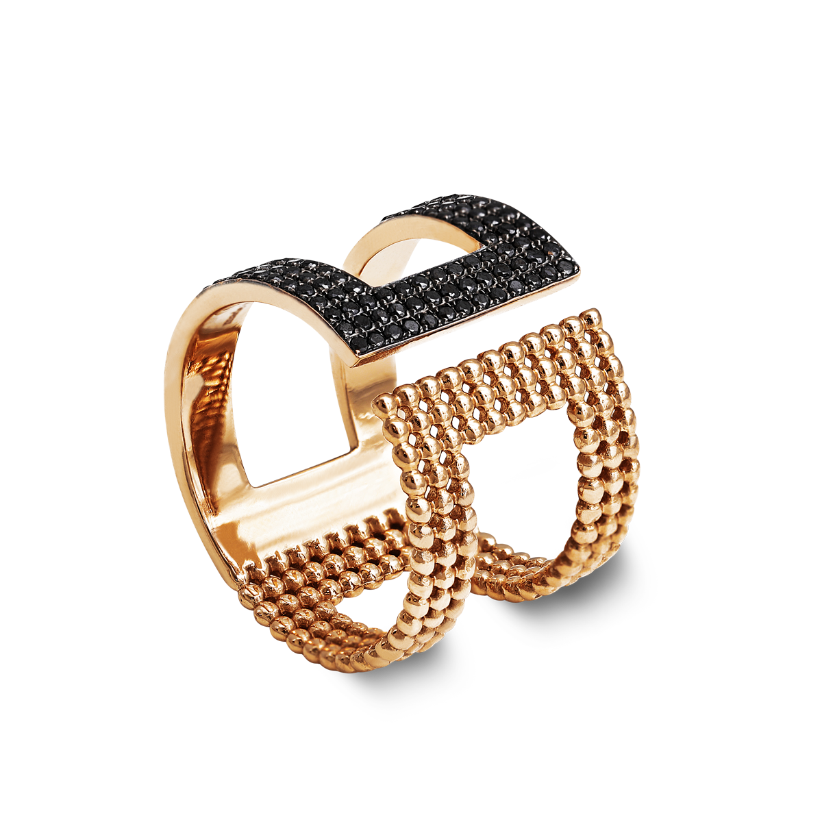 Open Bangle Black Diamond Pave and Gold Dotted Ring