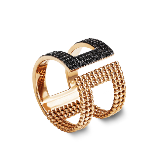 Open Bangle Black Diamond Pave and Gold Dotted Ring