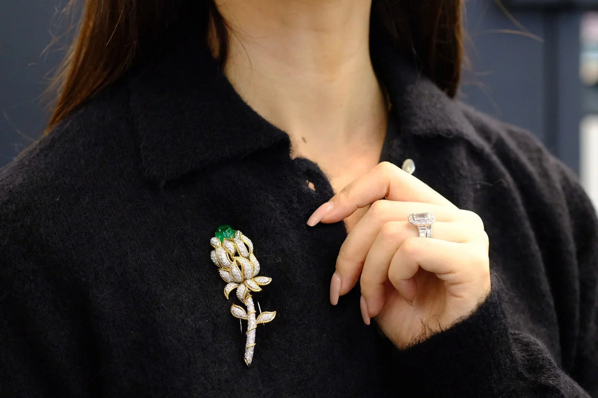 David Webb Platinum & 18K Yellow Gold Green Emerald And Diamond Flower Brooch — view 6 — Laura Milman New York