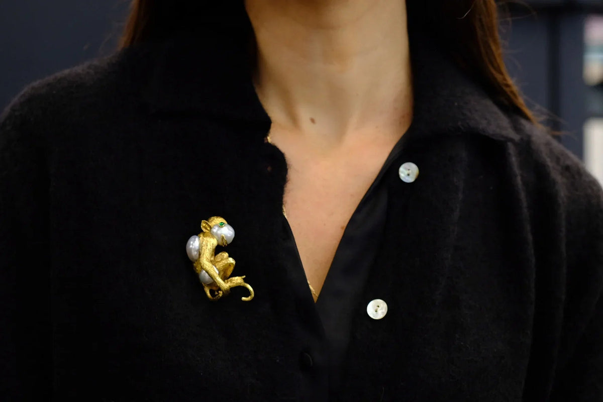 David Webb Platinum & 18K Yellow Gold Monkey On A Pearl And Emerald Eyes Brooch — view 5 — Laura Milman New York